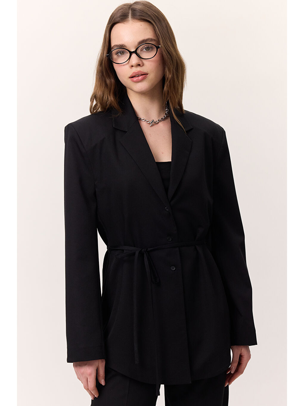 Kemerli Düğmeli Blazer Ceket Siyah