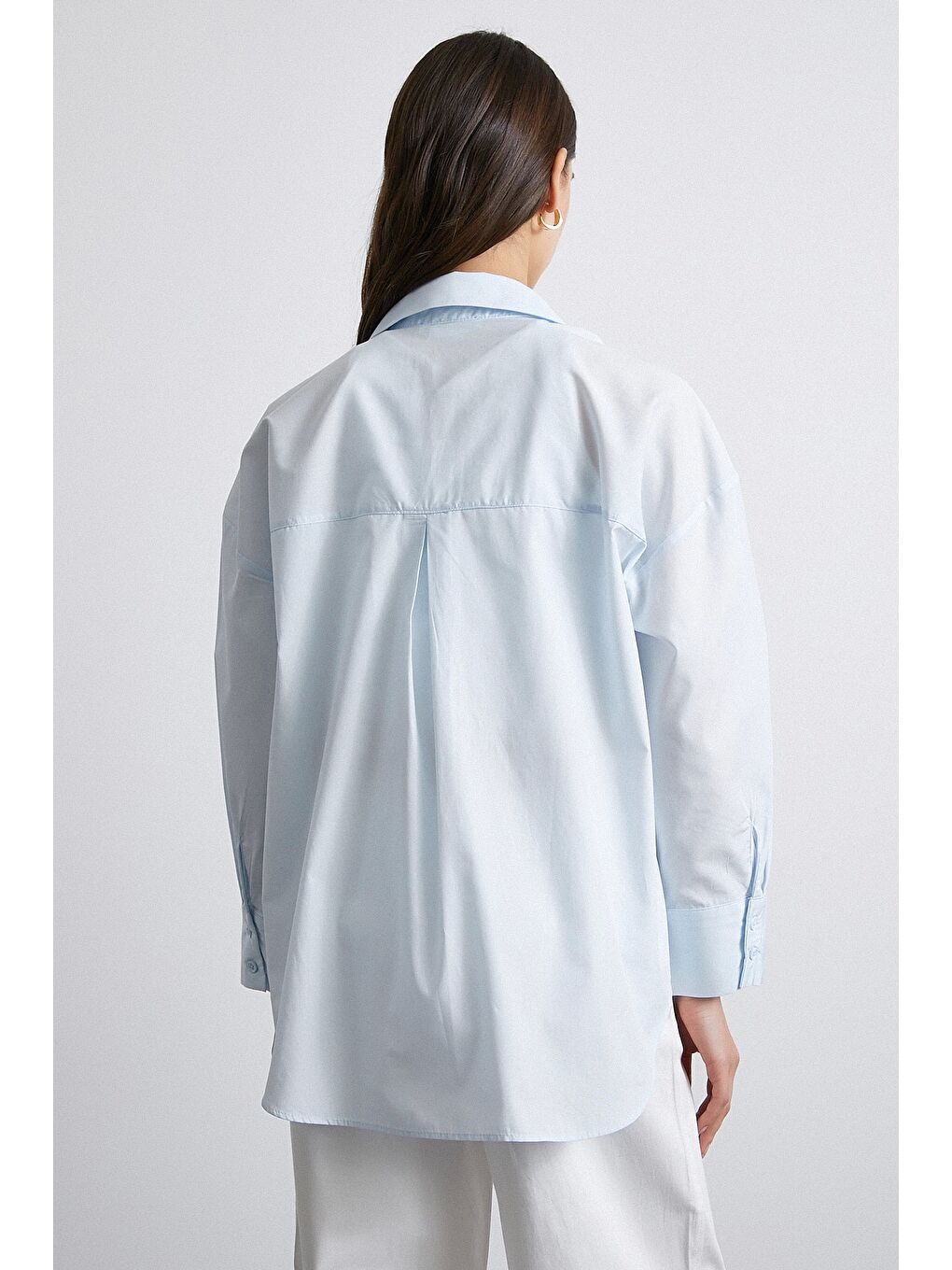 Oversize Pamuklu Gömlek Açık Mavi-5