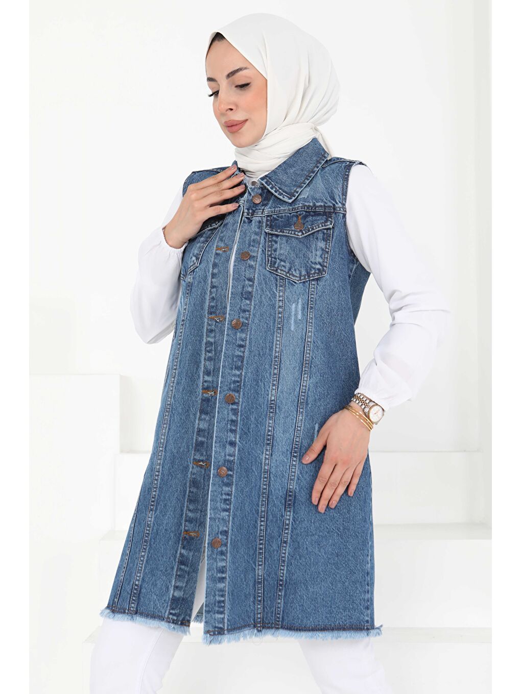 Çift Cepli Demin Yelek Mavi - 27160