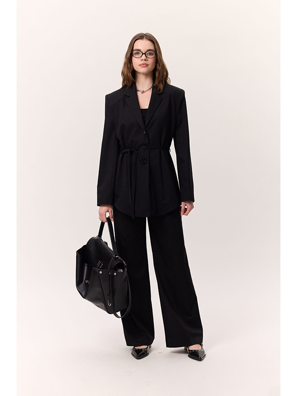 Kemerli Düğmeli Blazer Ceket Siyah-1