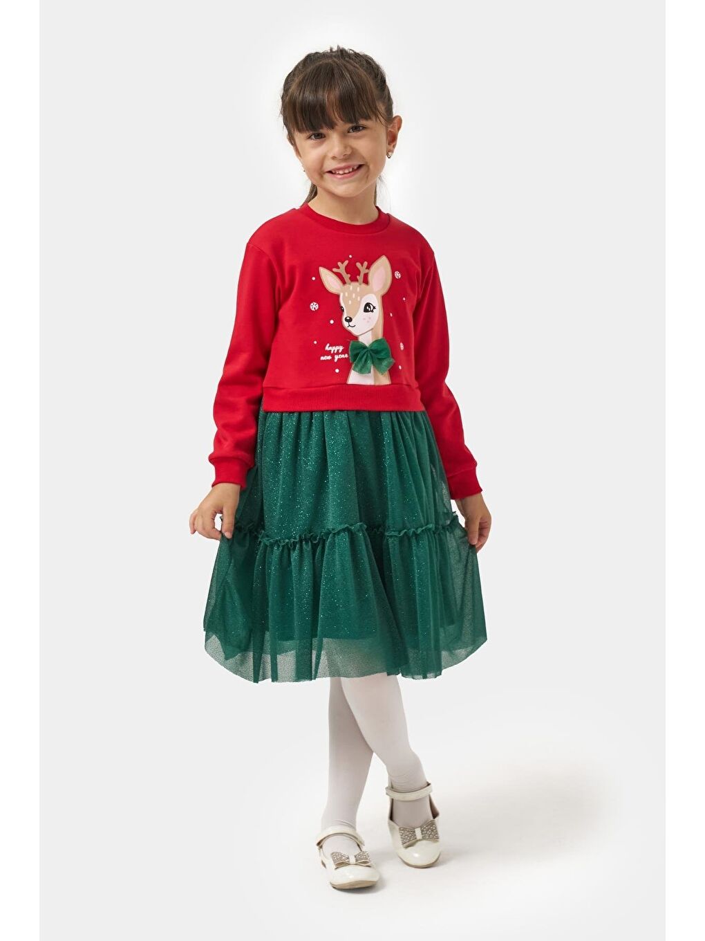 Karışık Kız Çocuk Pamuklu Kırmızı Geyik Desenli Sweatshirt Ve Yeşil Tül Etek Takımı - Yılbaşı Konseptli-1
