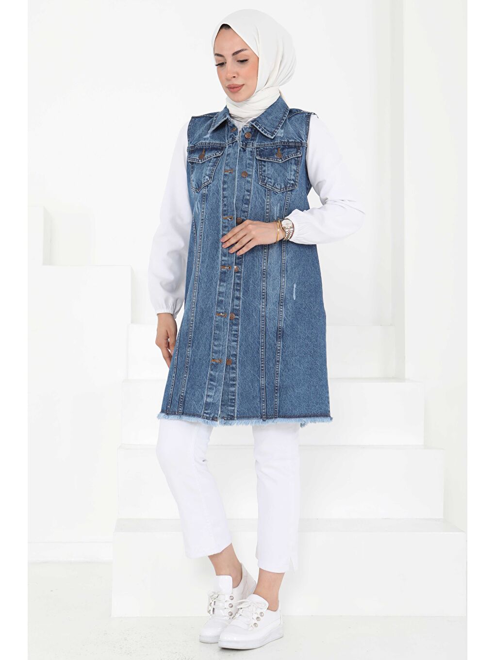 Çift Cepli Demin Yelek Mavi - 27160-1