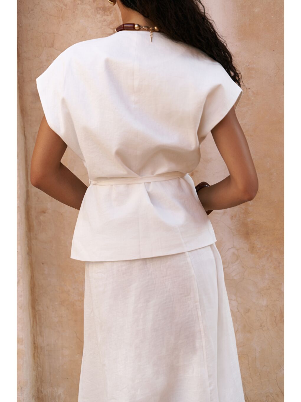 Fiametta Salaş Ekru Keten Yelek Etek Takım-6