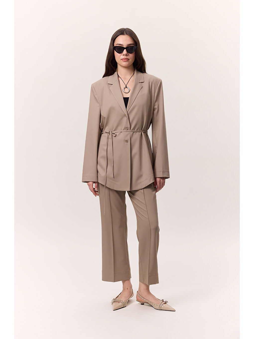 Manuka Kahverengi Kemerli Düğmeli Blazer Ceket Camel - 2