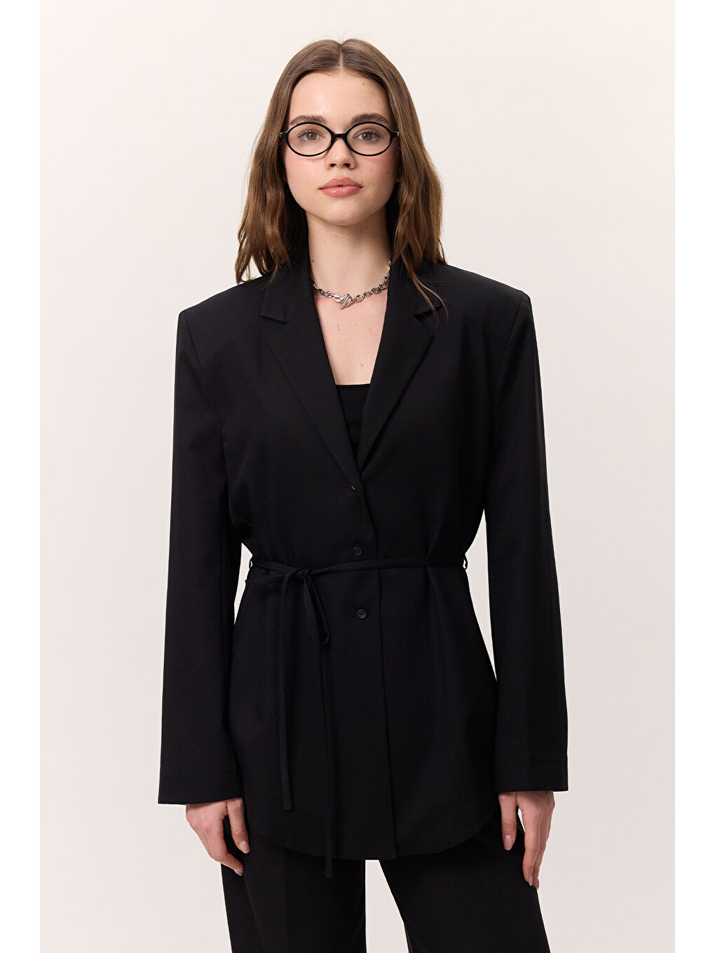 Kemerli Düğmeli Blazer Ceket Siyah-2