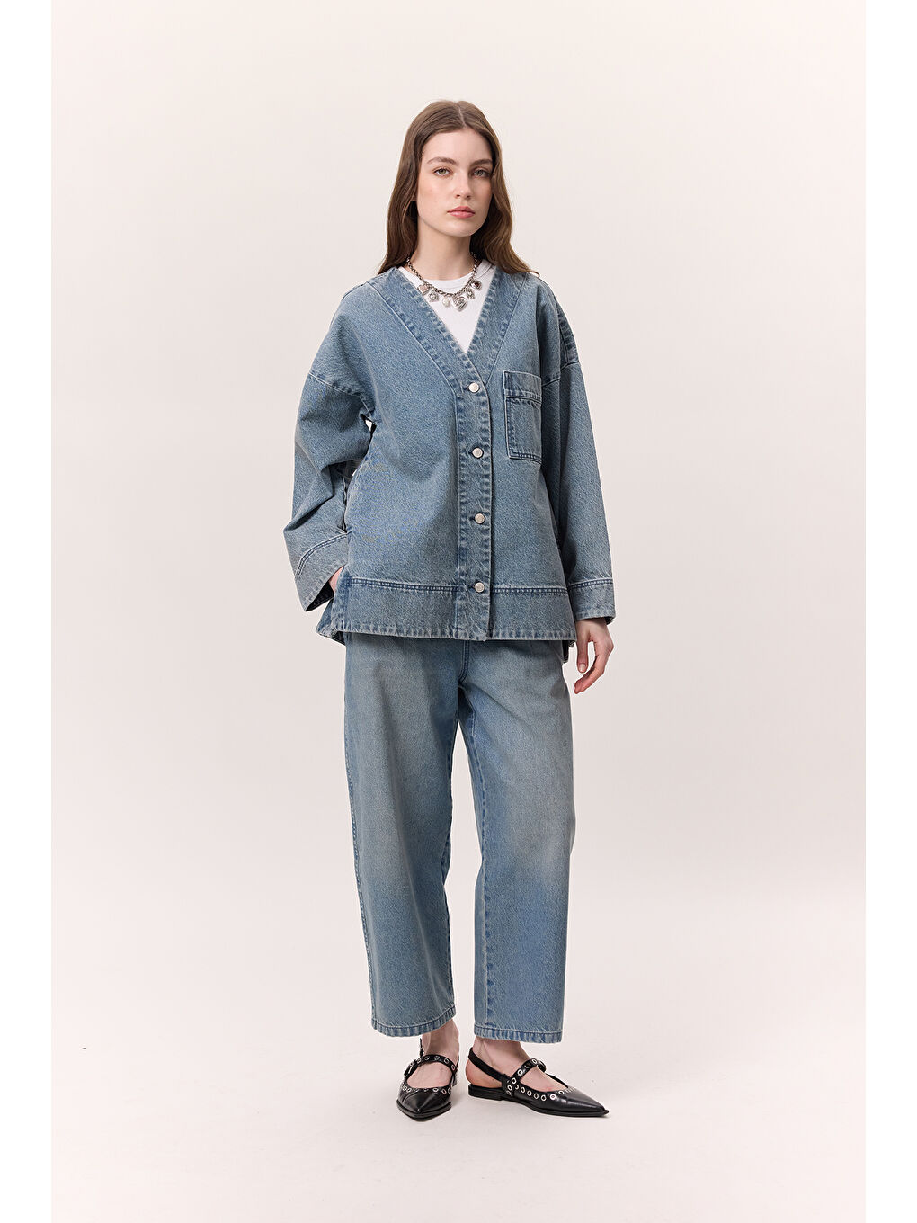 Düğme Kapamalı Denim Ceket Mavi-2