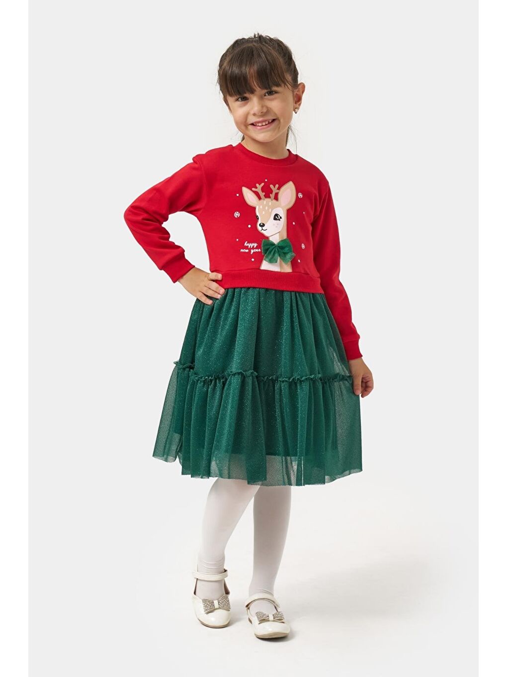 Karışık Kız Çocuk Pamuklu Kırmızı Geyik Desenli Sweatshirt Ve Yeşil Tül Etek Takımı - Yılbaşı Konseptli-2