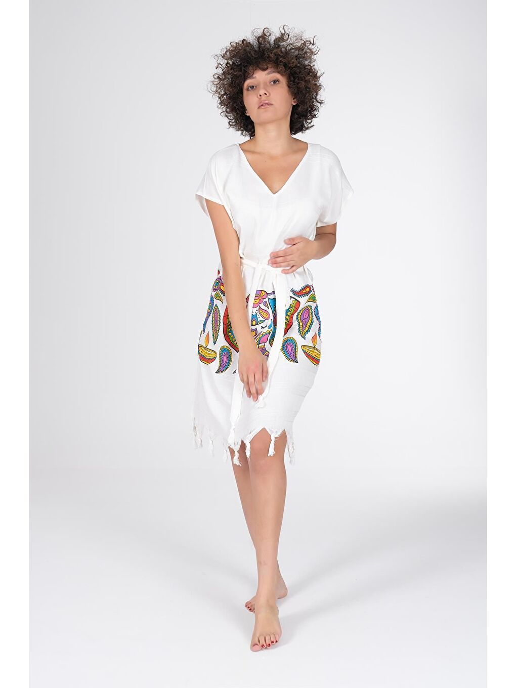 Ekru Baskılı Bambu Plaj Elbisesi-2
