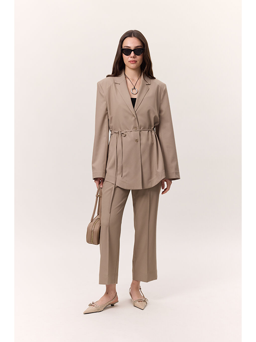 Manuka Kahverengi Kemerli Düğmeli Blazer Ceket Camel - 3