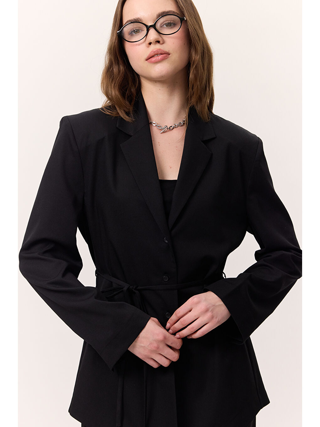 Kemerli Düğmeli Blazer Ceket Siyah-3