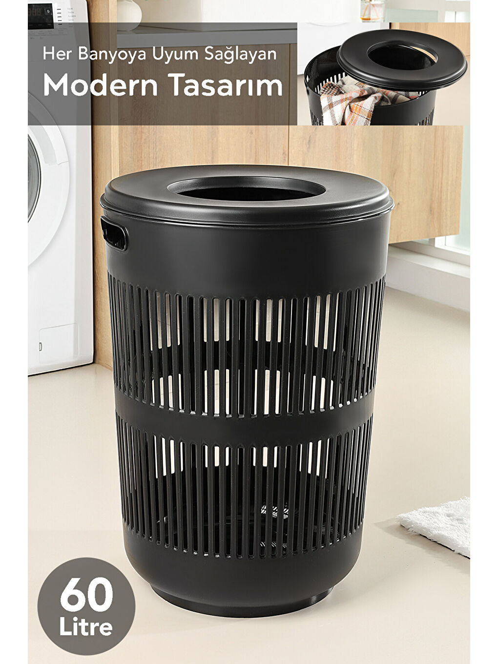 Siyah Kapaklı Kirli Çamaşır Sepeti 60 l-1