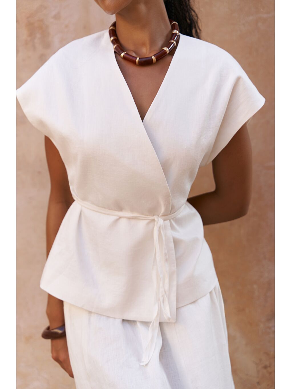 Fiametta Salaş Ekru Keten Yelek Etek Takım-7