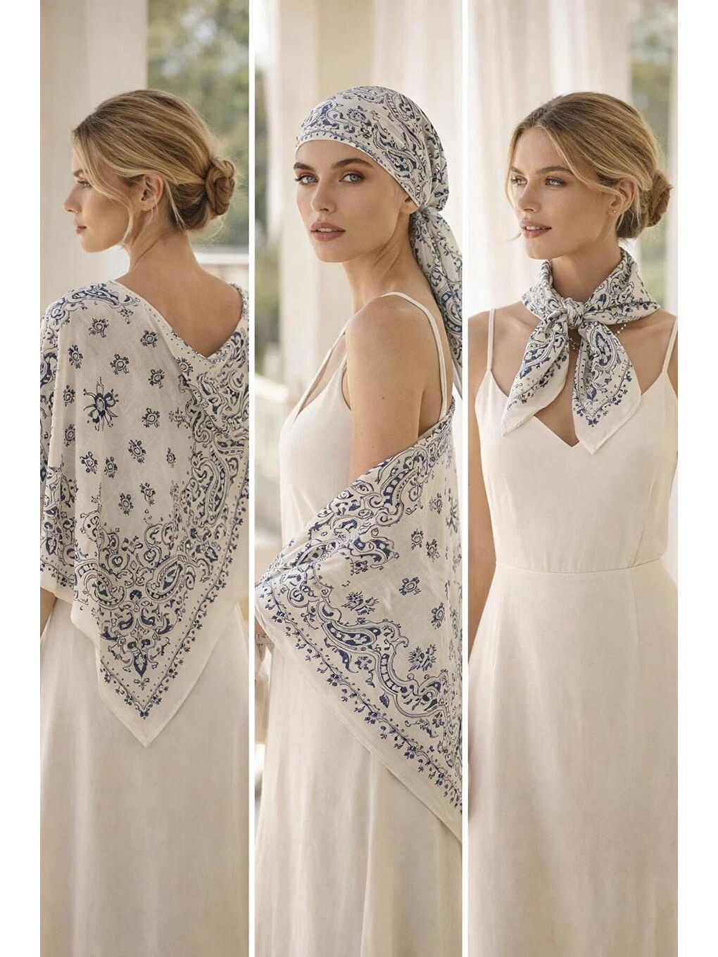 Mavi Kadın Petrol Etnik Desenli Bohem Üçgen Şal Bandana 110x110 cm SAL1400-1