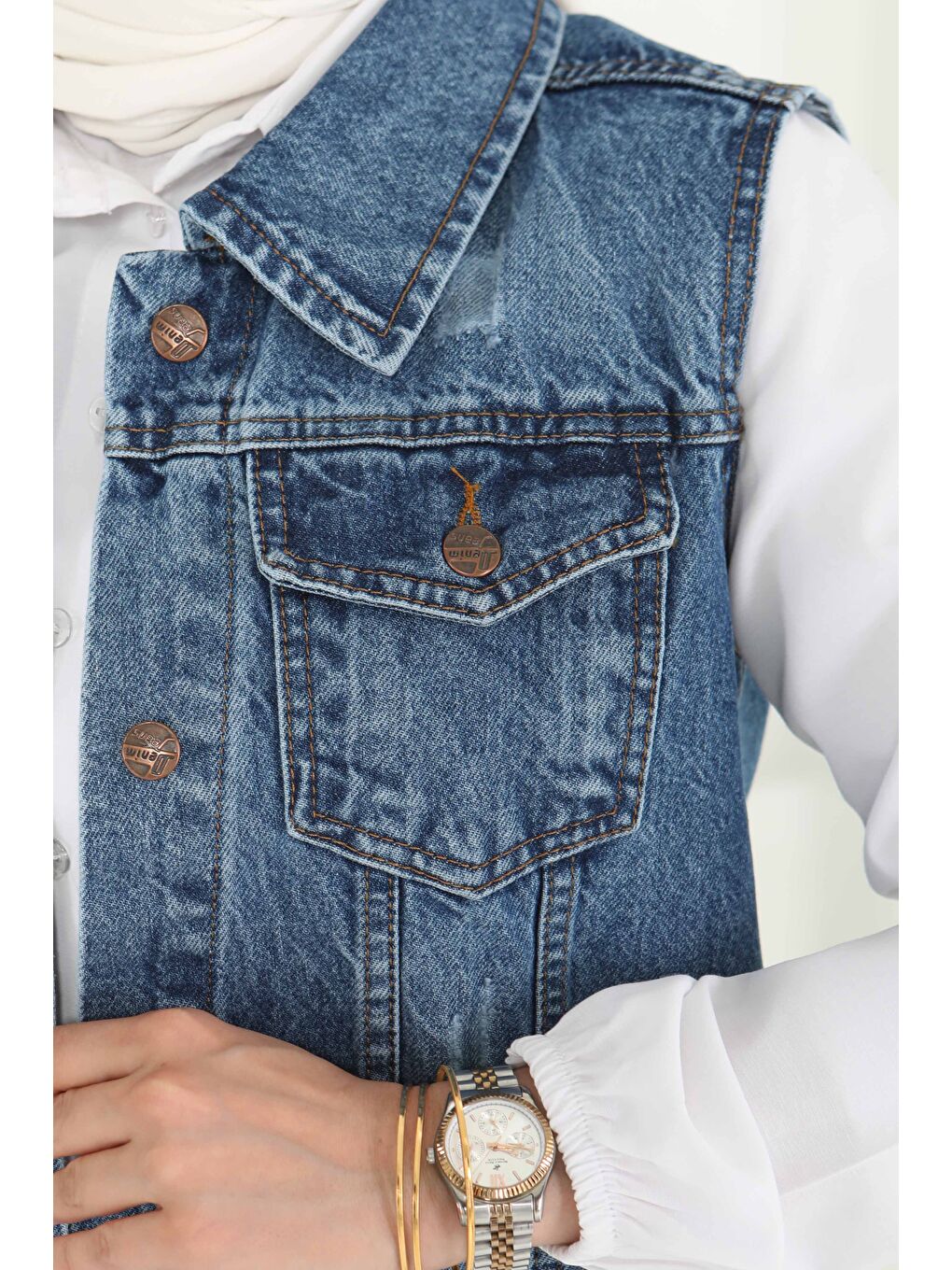 Çift Cepli Demin Yelek Mavi - 27160-4