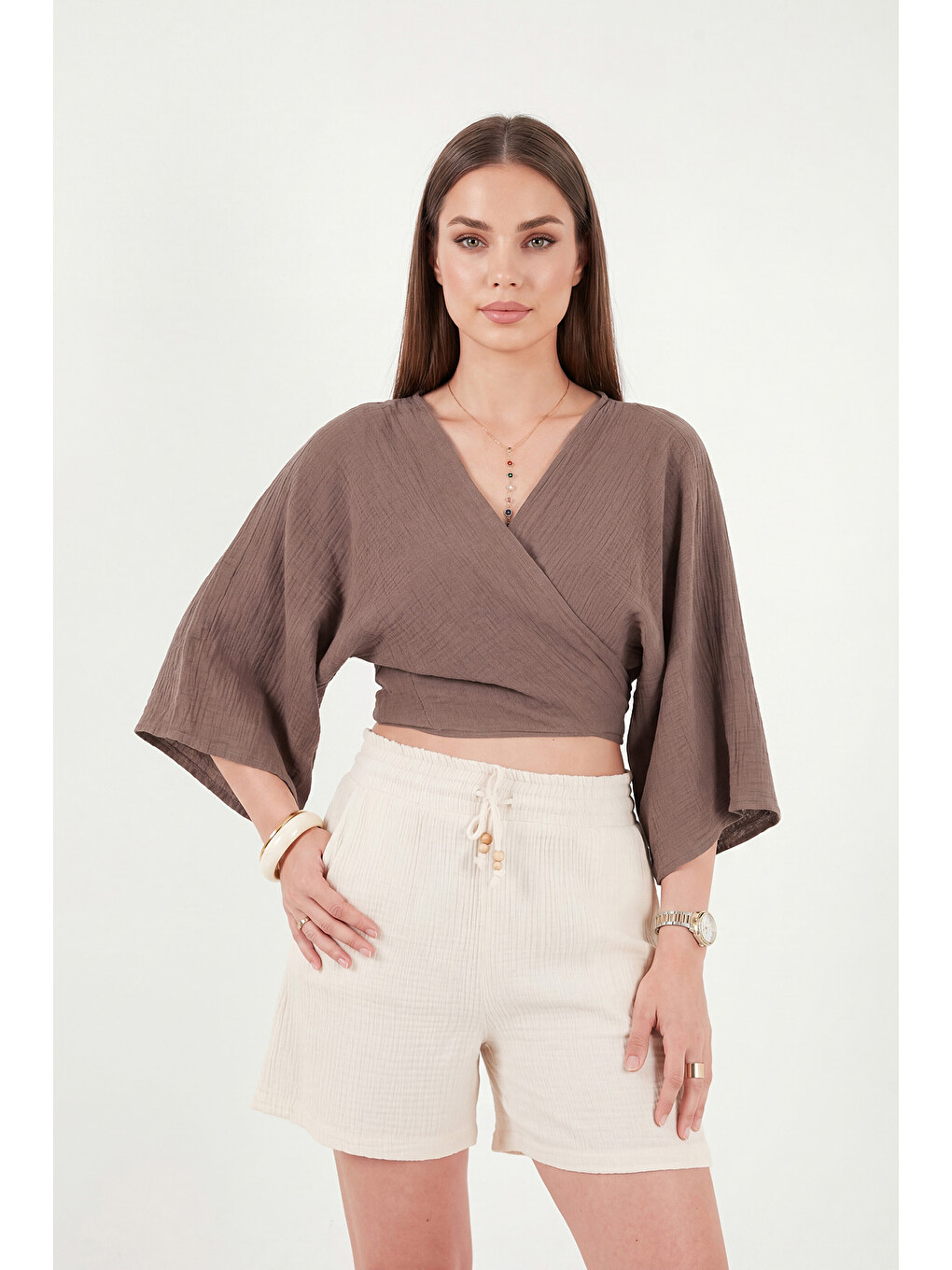 Kahverengi Regular Fit Bağlamalı Crop Kimono 668YL2783-2