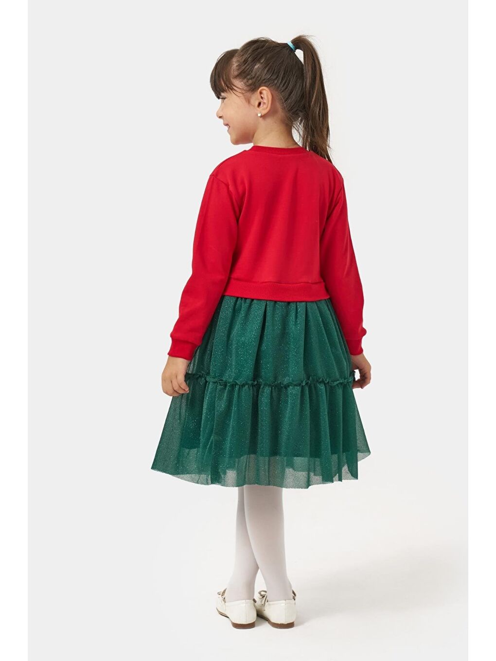 Karışık Kız Çocuk Pamuklu Kırmızı Geyik Desenli Sweatshirt Ve Yeşil Tül Etek Takımı - Yılbaşı Konseptli-3