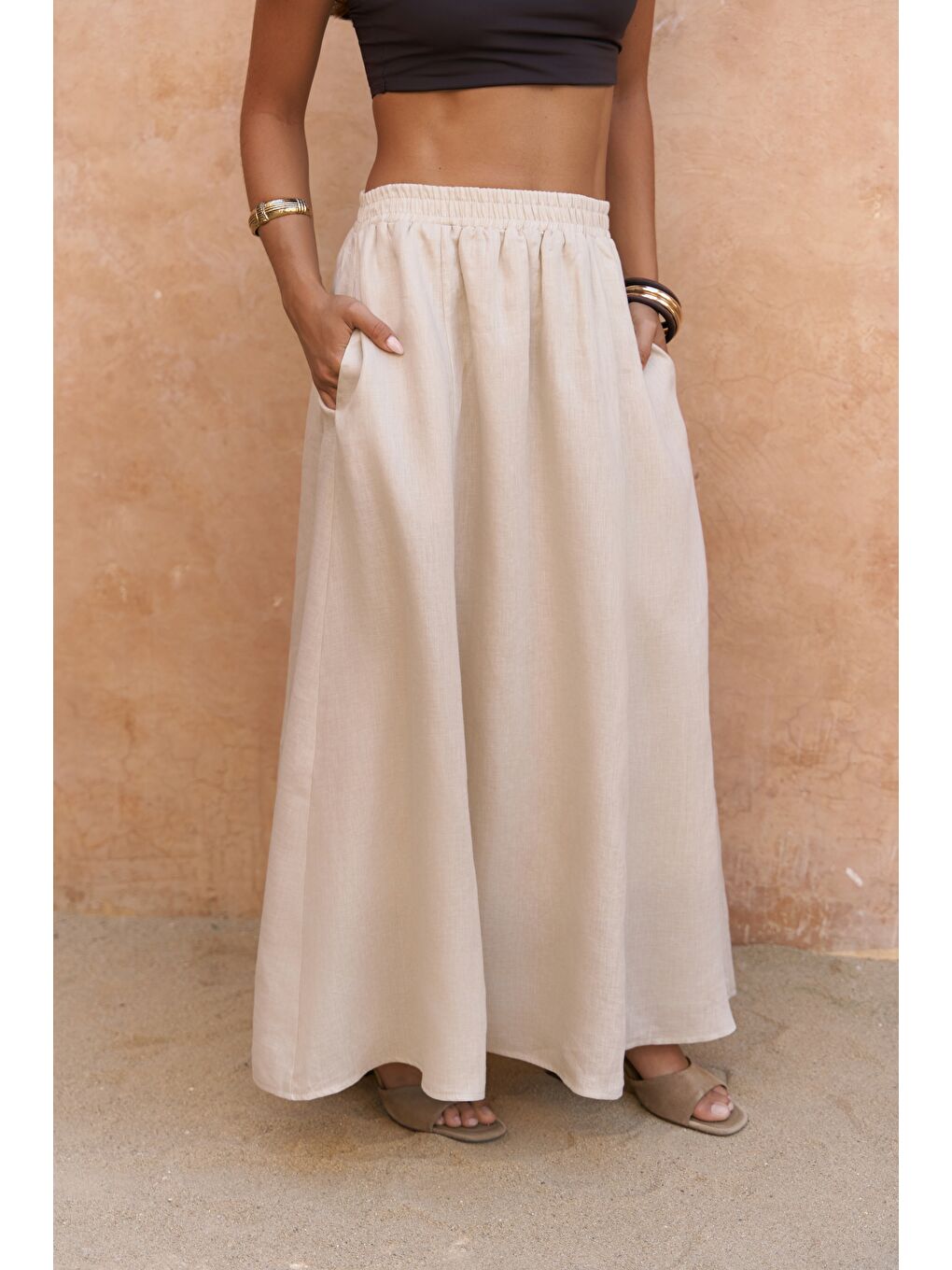 Bej Fiametta Salaş Taş Keten Yelek Etek Takım-4