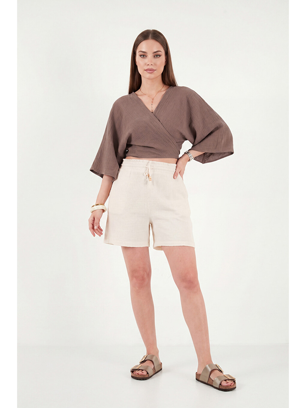 Kahverengi Regular Fit Bağlamalı Crop Kimono 668YL2783-3