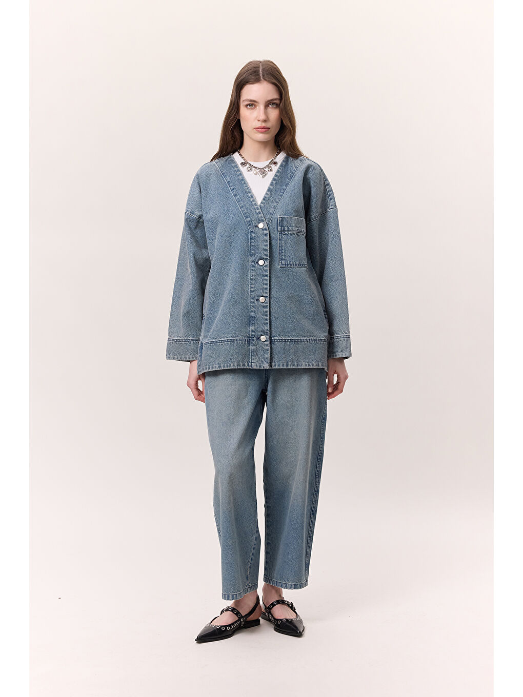 Düğme Kapamalı Denim Ceket Mavi-3