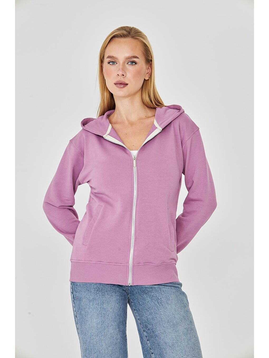 Kadın Tam Fermuarlı Kapüşonlu Pamuklu Eşofman Üstü Lila 9508-L-1