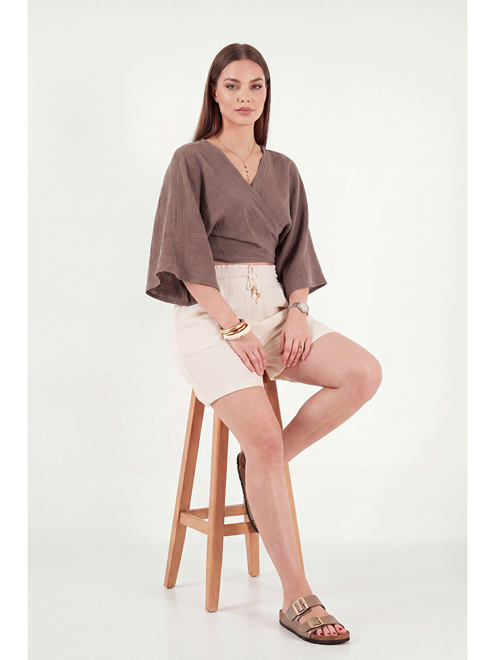 Kahverengi Regular Fit Bağlamalı Crop Kimono 668YL2783-4