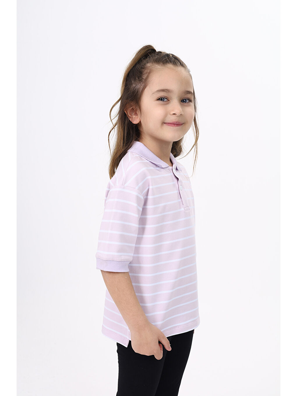Lila Unisex Çocuk Çizgili Tişört-2