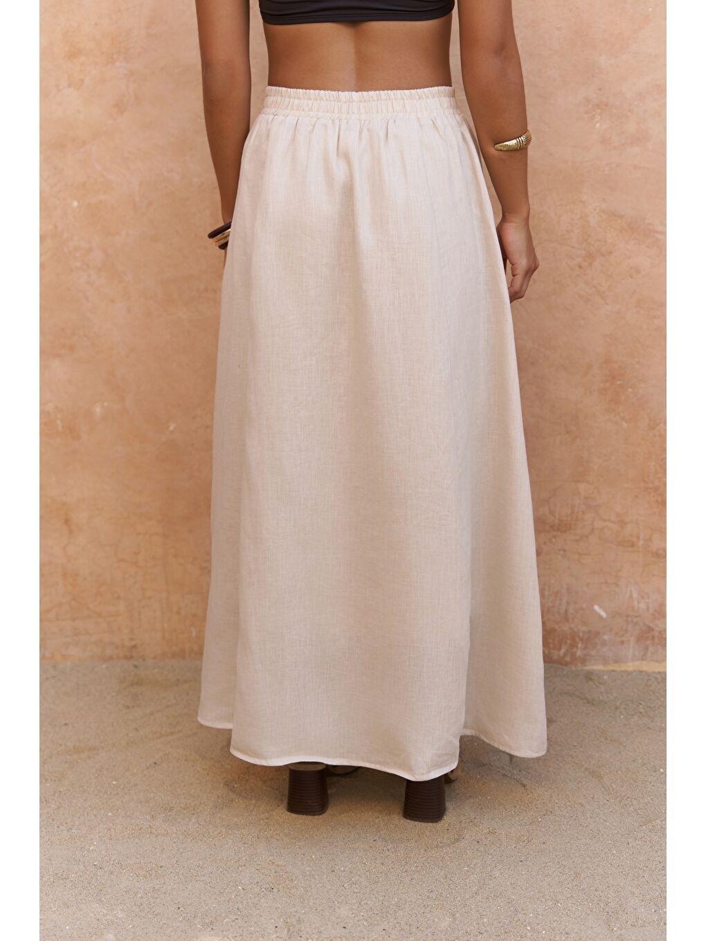 Bej Fiametta Salaş Taş Keten Yelek Etek Takım-5