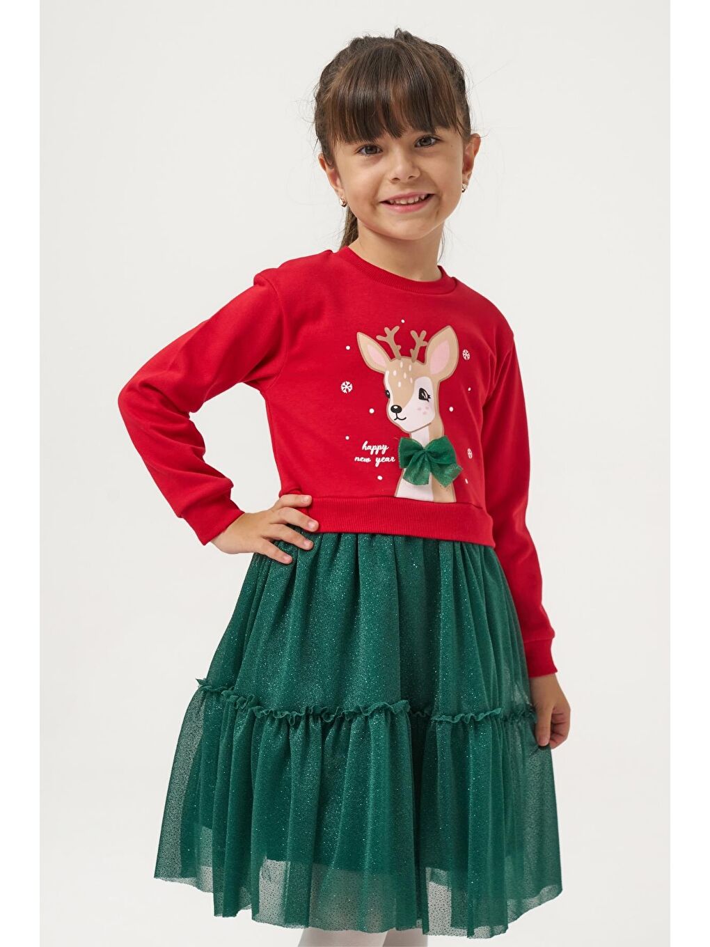 Karışık Kız Çocuk Pamuklu Kırmızı Geyik Desenli Sweatshirt Ve Yeşil Tül Etek Takımı - Yılbaşı Konseptli-4