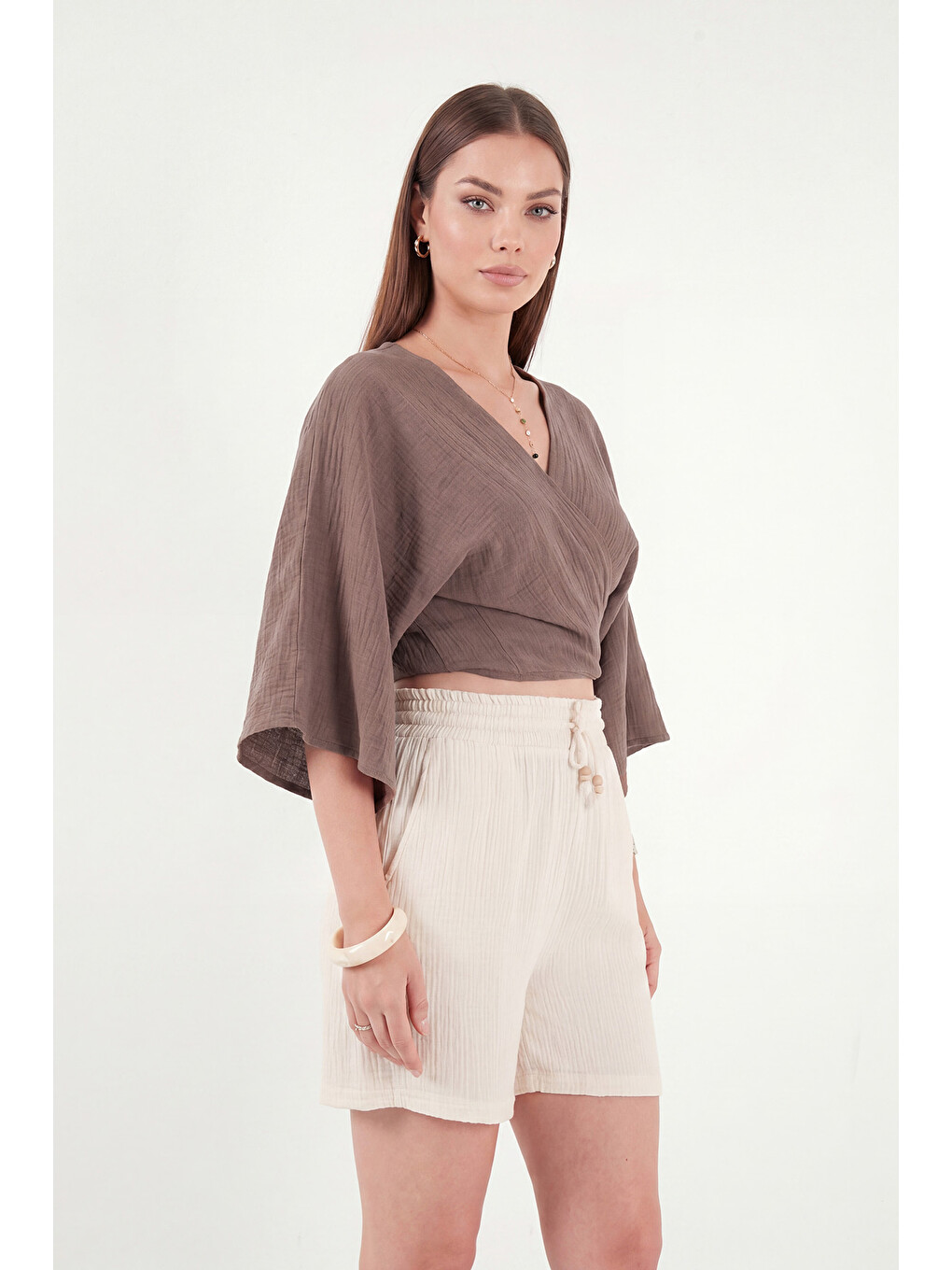 Kahverengi Regular Fit Bağlamalı Crop Kimono 668YL2783-5