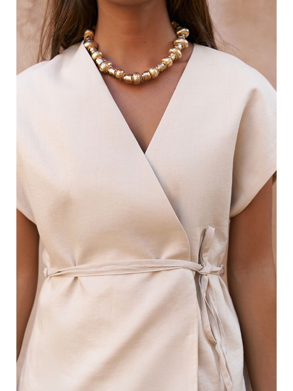 Bej Fiametta Salaş Taş Keten Yelek Etek Takım-6