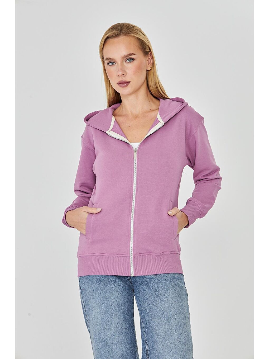 Kadın Tam Fermuarlı Kapüşonlu Pamuklu Eşofman Üstü Lila 9508-L-2