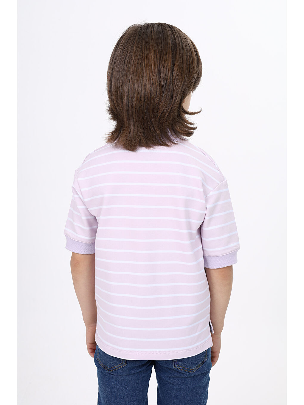 Lila Unisex Çocuk Çizgili Tişört-5