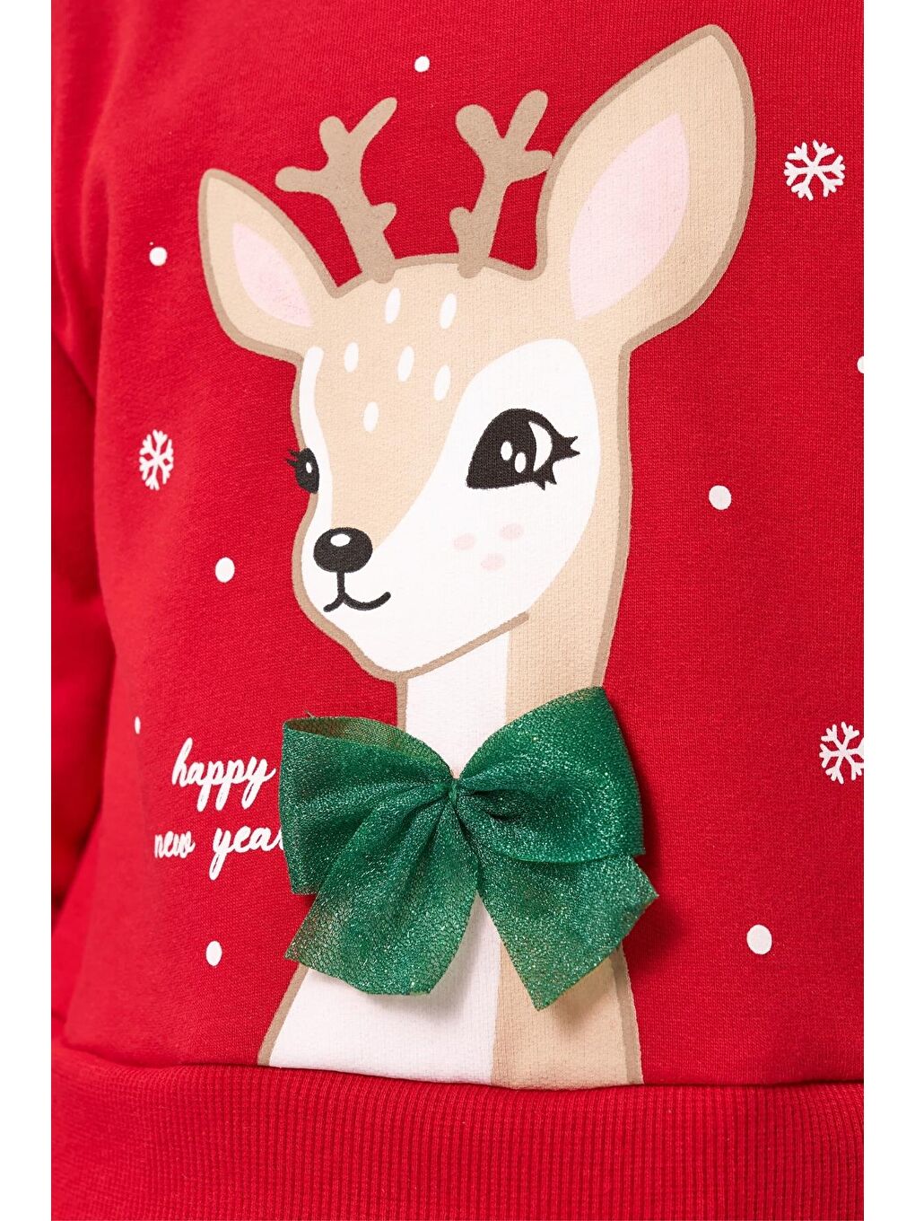 Karışık Kız Çocuk Pamuklu Kırmızı Geyik Desenli Sweatshirt Ve Yeşil Tül Etek Takımı - Yılbaşı Konseptli-5