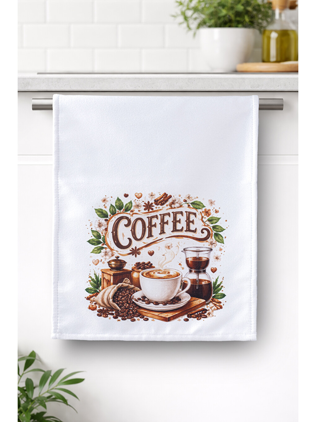 ROASTERY Coffee Temalı Beyaz Dekoratif Mutfak Havlusu&Kurulma Bezi 35x55