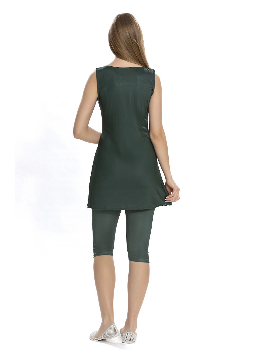 Kadın Haki Kolsuz Kazayağı Desenli Yarı Kapalı Taytlı Mayo HZL25S-155/29-1