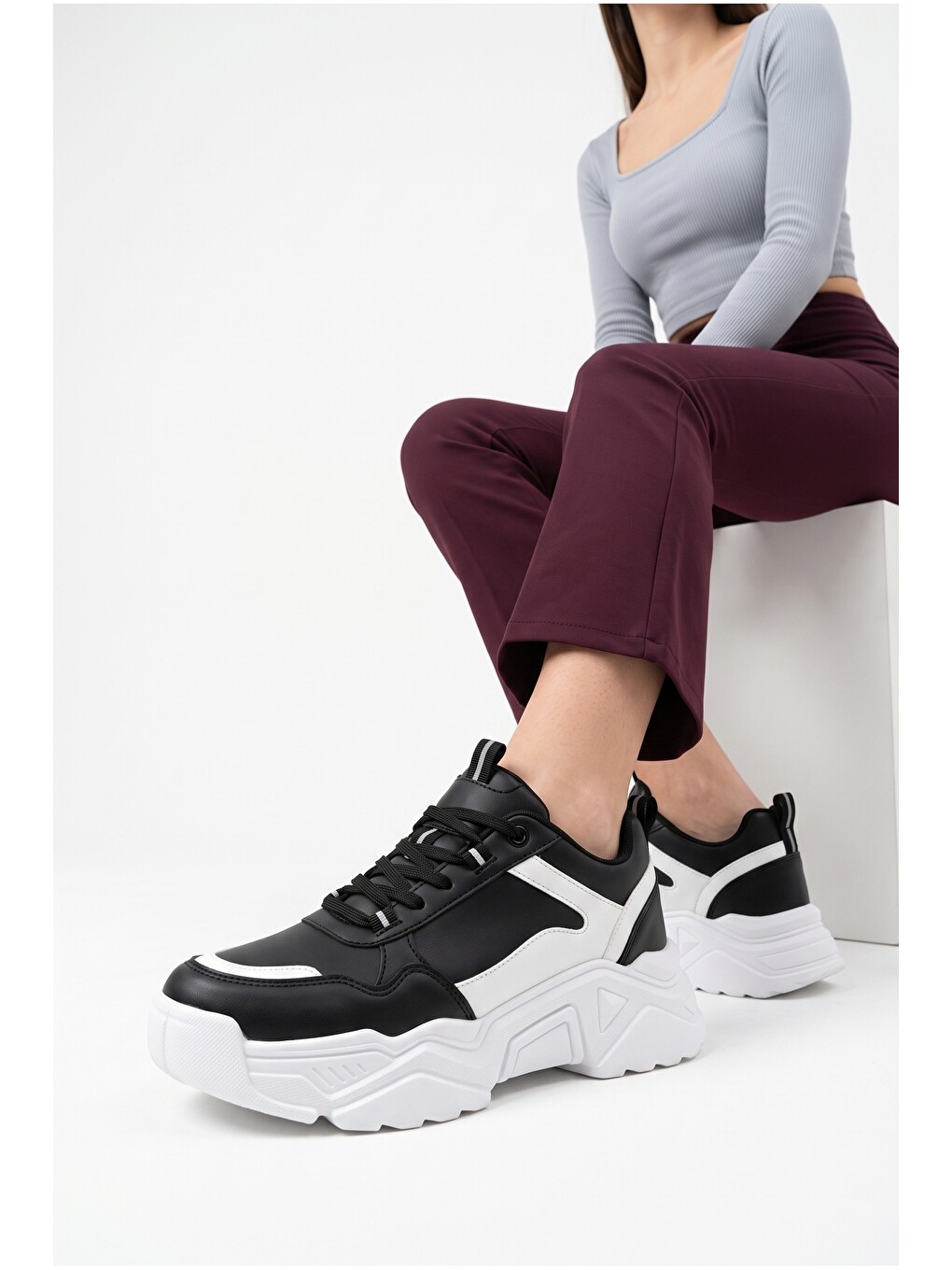 Siyah Kadın, Kalın Tabanlı, Bağcıklı, Hafif, Günlük Spor Ayakkabı, Sneaker-1