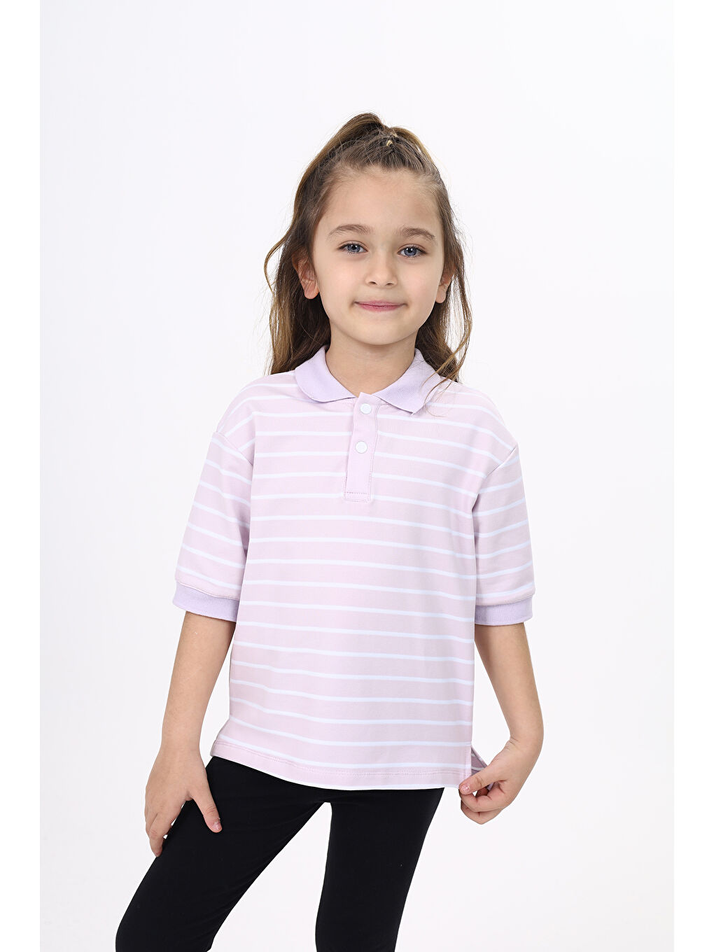 Lila Unisex Çocuk Çizgili Tişört-6