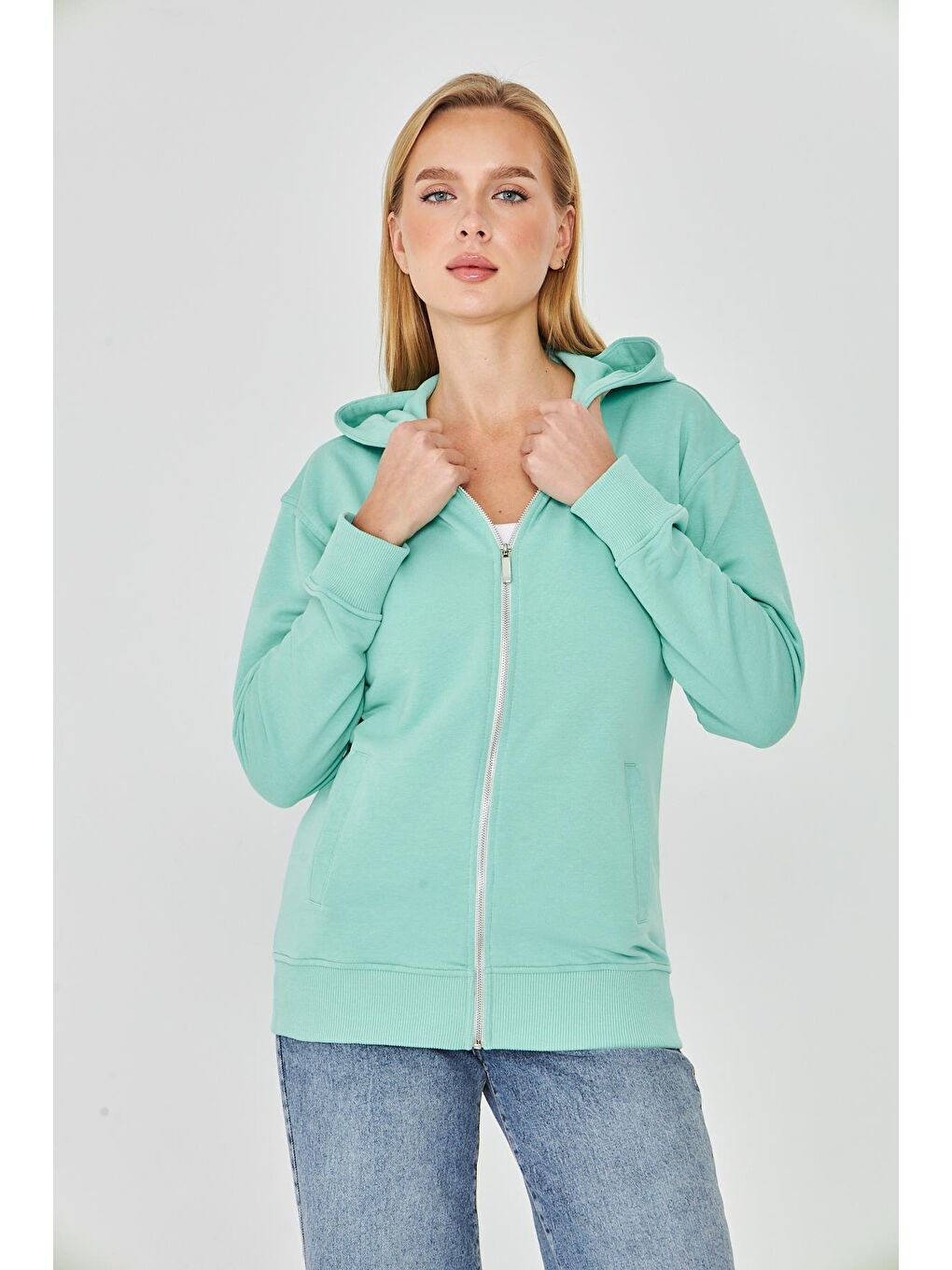 Yeşil Kadın Tam Fermuarlı Kapüşonlu Pamuklu Eşofman Üstü Mint 9508-M-1