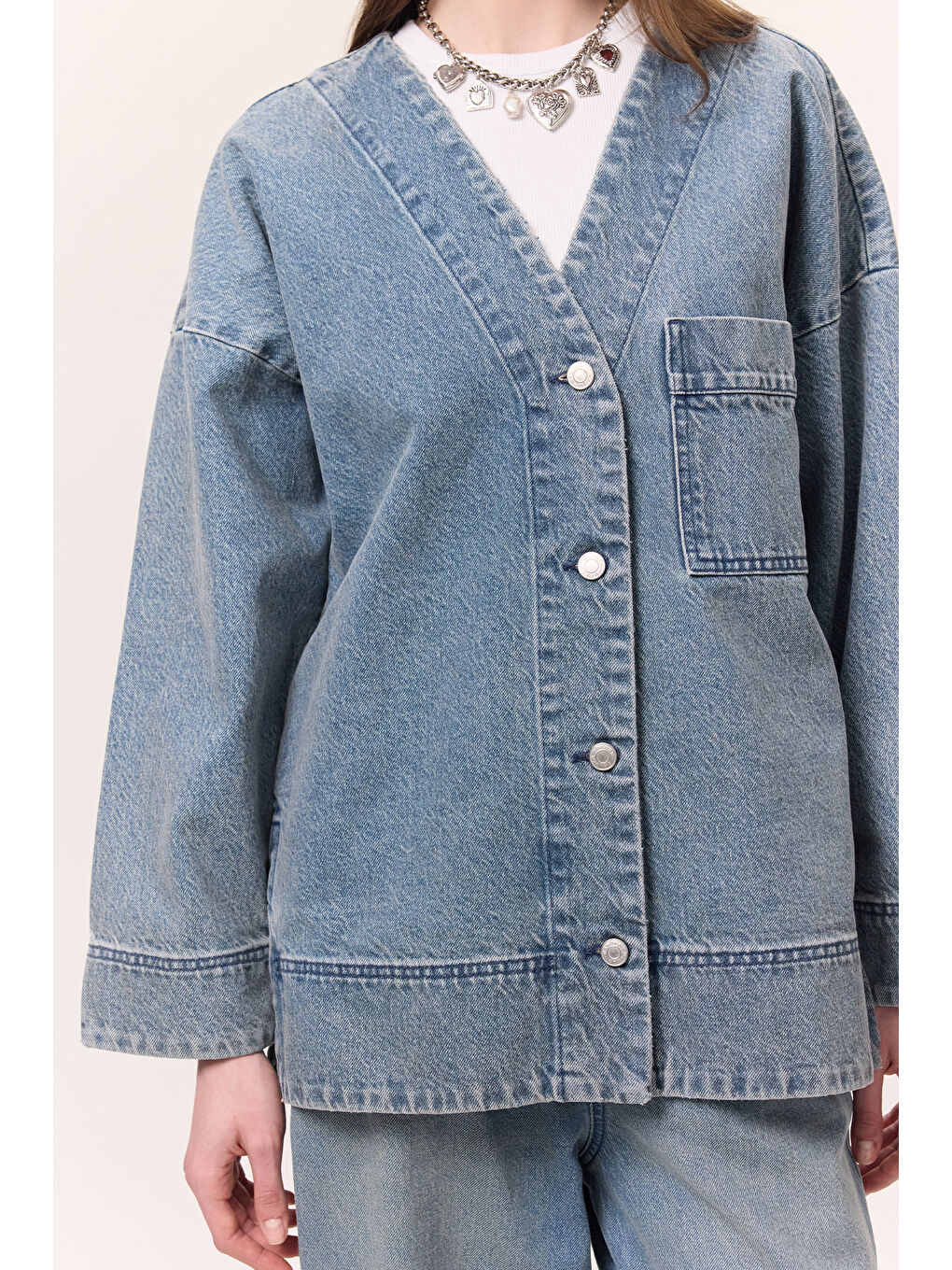 Düğme Kapamalı Denim Ceket Mavi-4