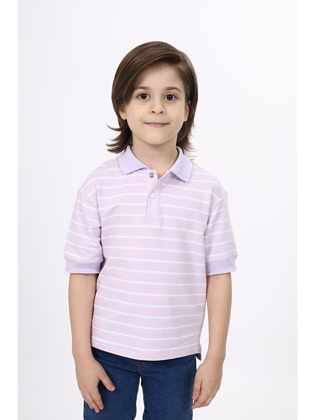 Lila Unisex Çocuk Çizgili Tişört-7