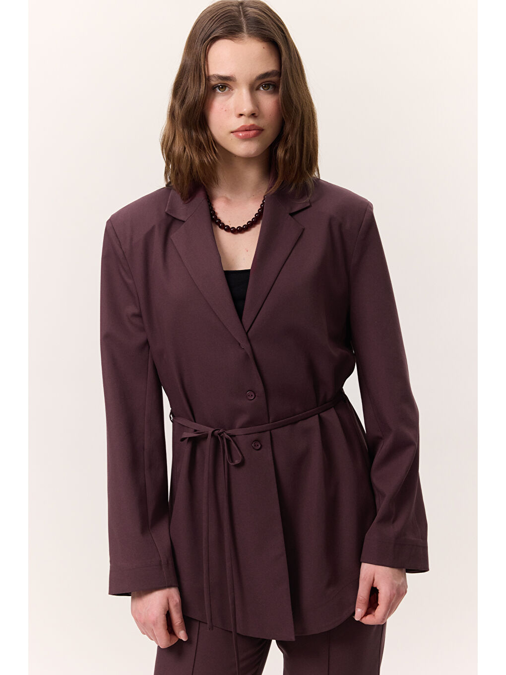 Kemerli Düğmeli Blazer Ceket Bordo