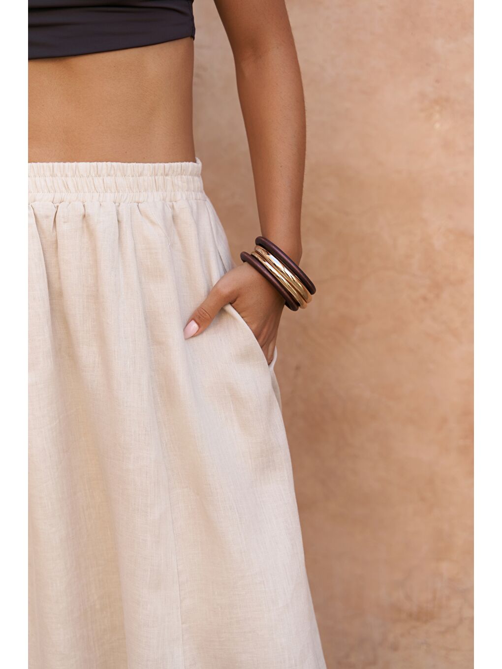 Bej Fiametta Salaş Taş Keten Yelek Etek Takım-7