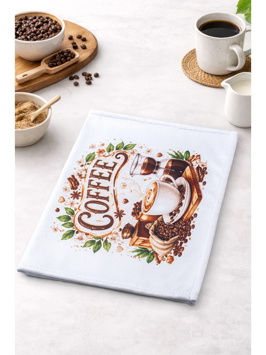 ROASTERY Coffee Temalı Beyaz Dekoratif Mutfak Havlusu&Kurulma Bezi 35x55-1