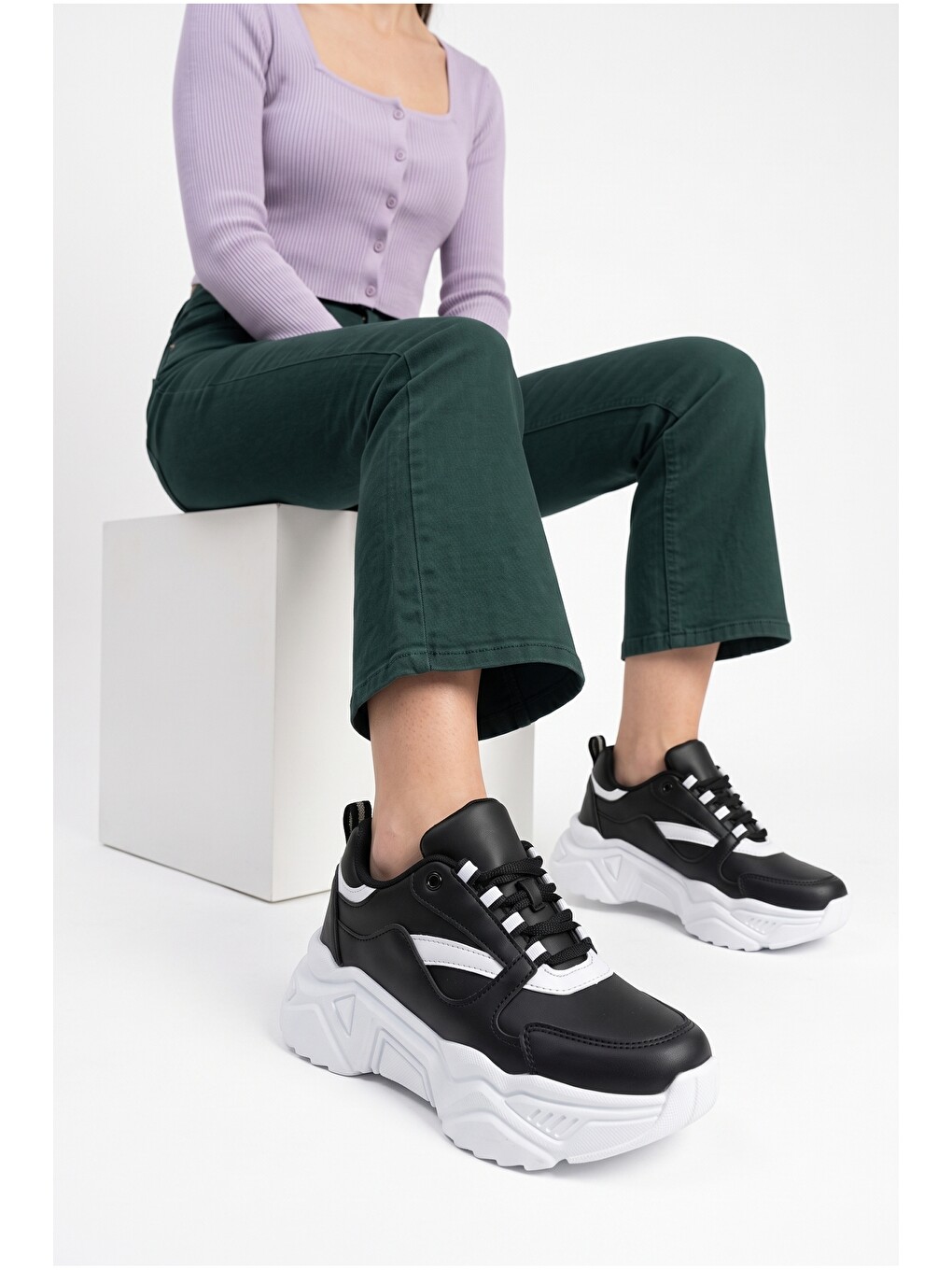 Siyah Kadın, Kalın Tabanlı, Bağcıklı, Hafif, Günlük Spor Ayakkabı, Sneaker-2