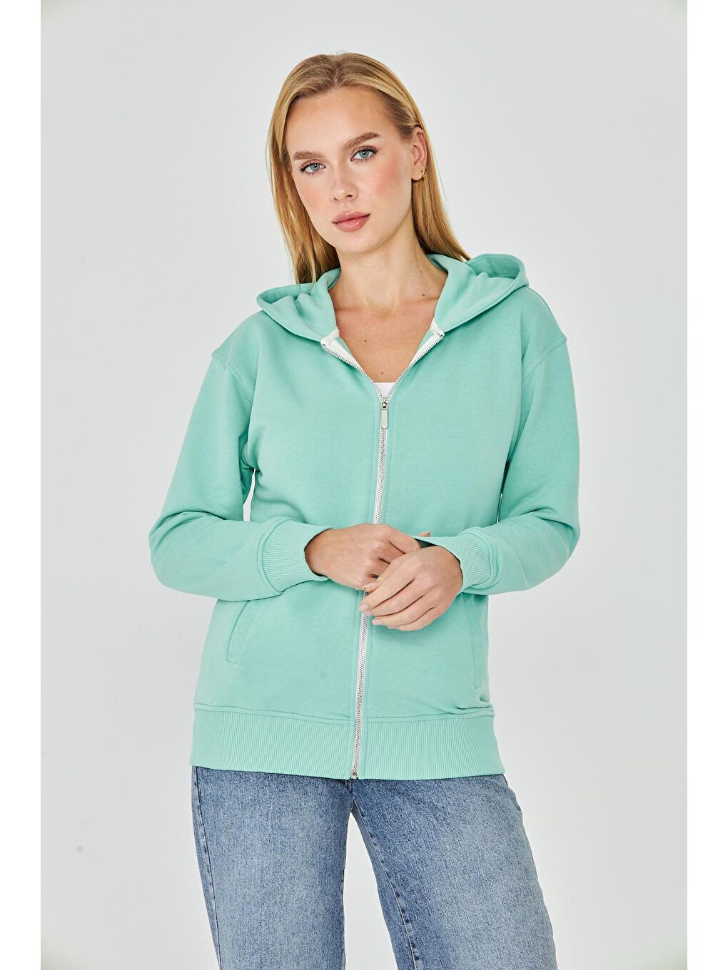 Yeşil Kadın Tam Fermuarlı Kapüşonlu Pamuklu Eşofman Üstü Mint 9508-M-2