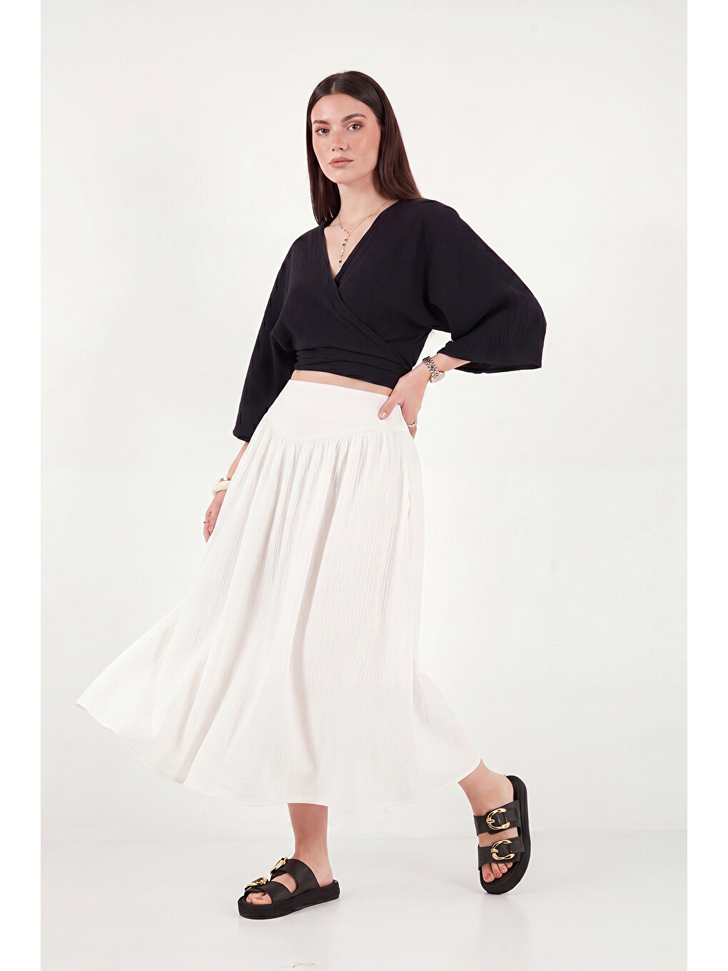 Siyah Regular Fit Bağlamalı Crop Kimono 668YL2783-2