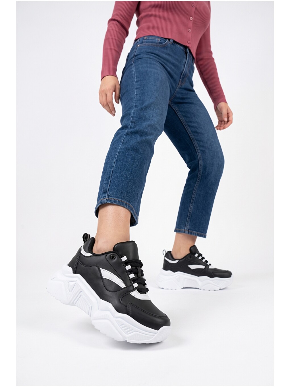 Siyah Kadın, Kalın Tabanlı, Bağcıklı, Hafif, Günlük Spor Ayakkabı, Sneaker-3