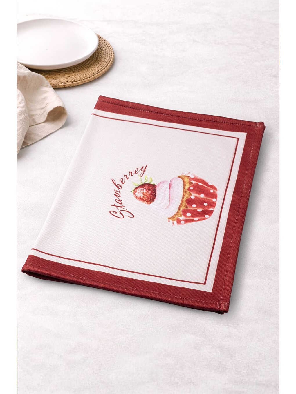 STRAWBERRY-2 Çilekli Cupcake Desenli Pembe Dekoratif Mutfak Kurulama Bezi/Havlusu 35x55-1