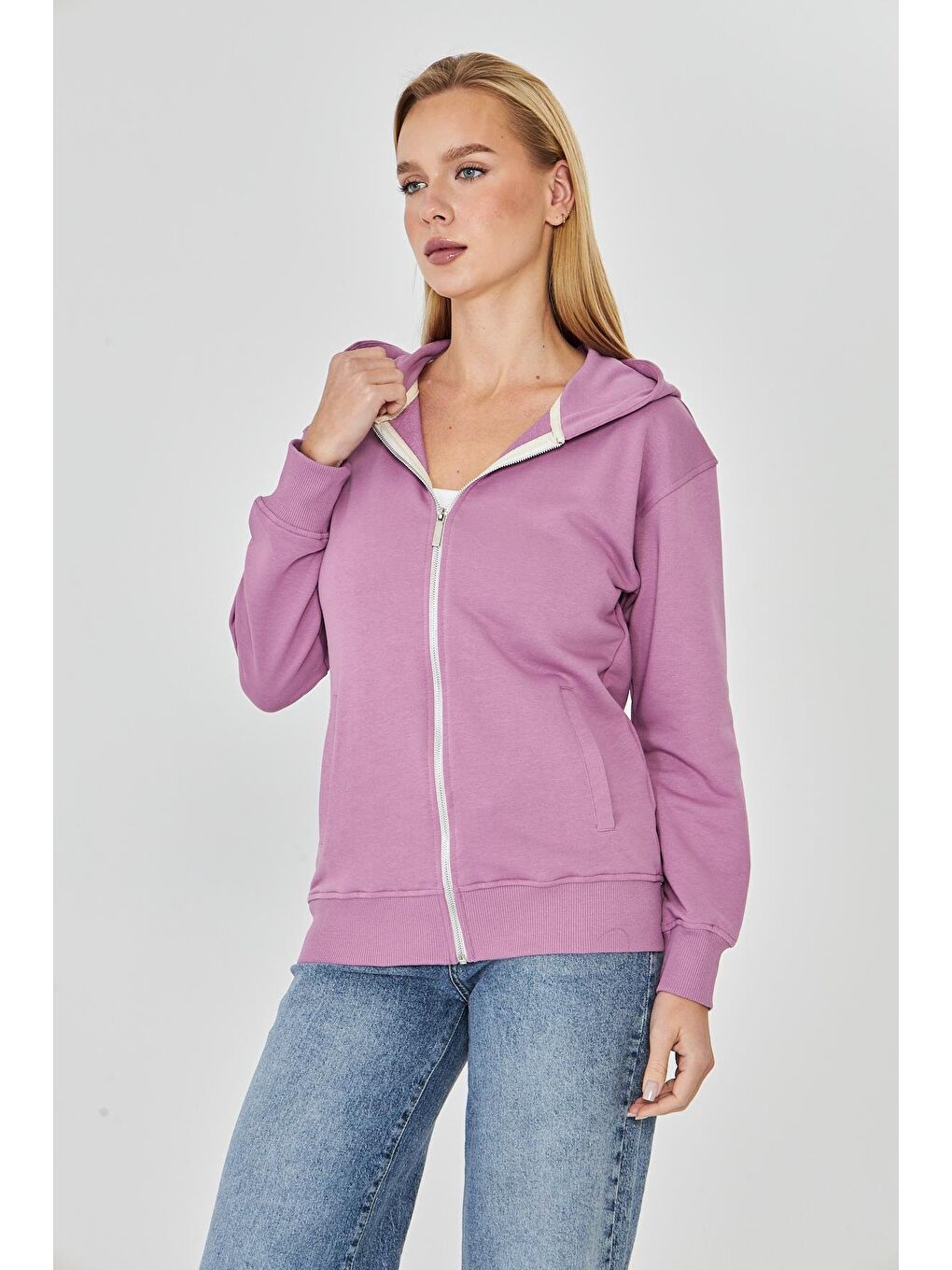 Kadın Tam Fermuarlı Kapüşonlu Pamuklu Eşofman Üstü Lila 9508-L-3
