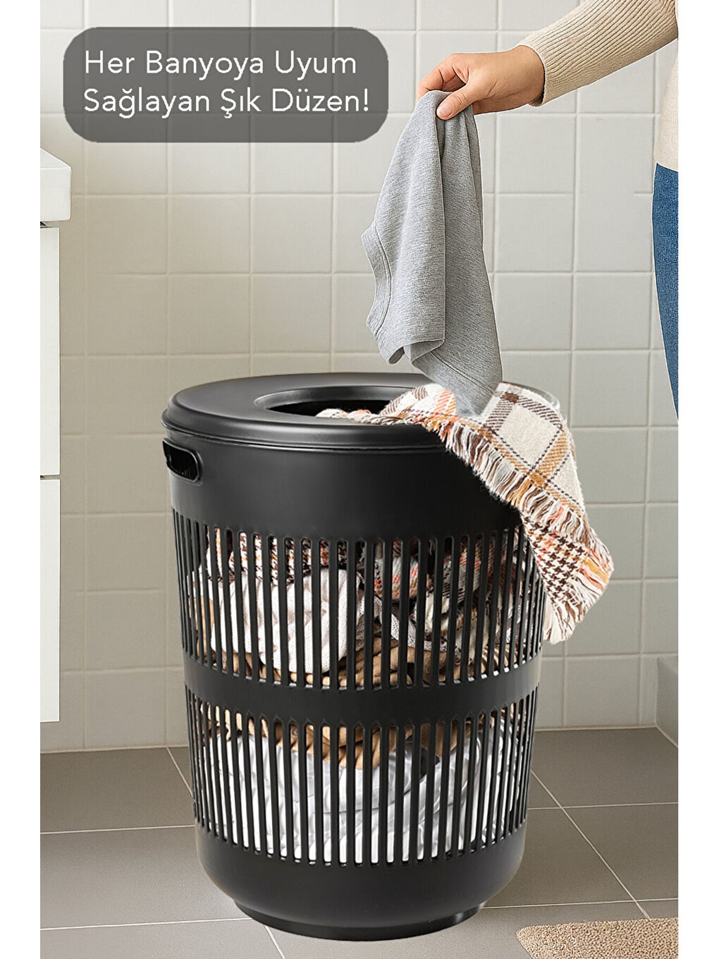 Siyah Kapaklı Kirli Çamaşır Sepeti 60 l-3